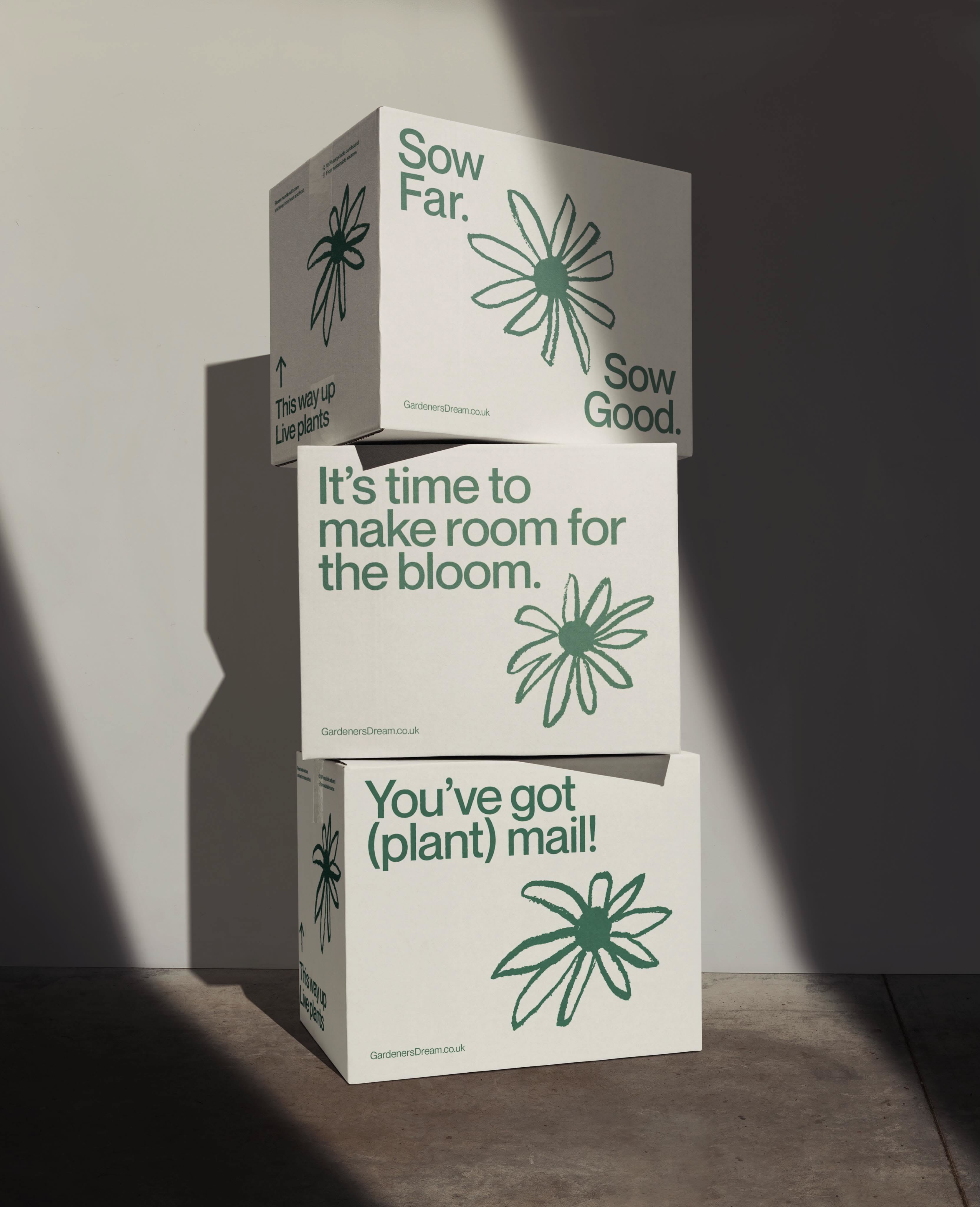 Instagram post: Stack of three branded shipping boxes with daisy drawings