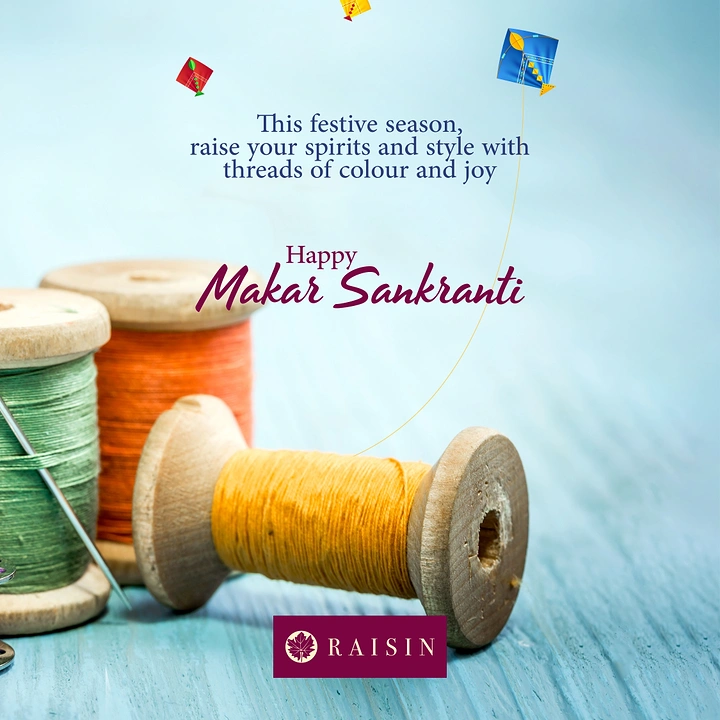 Makar Sankranti creative ad: Wooden thread spools with a kite string