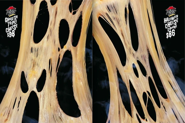 Halloween creative ad: Macro stretched pizza cheese whose holes form screaming ghost faces