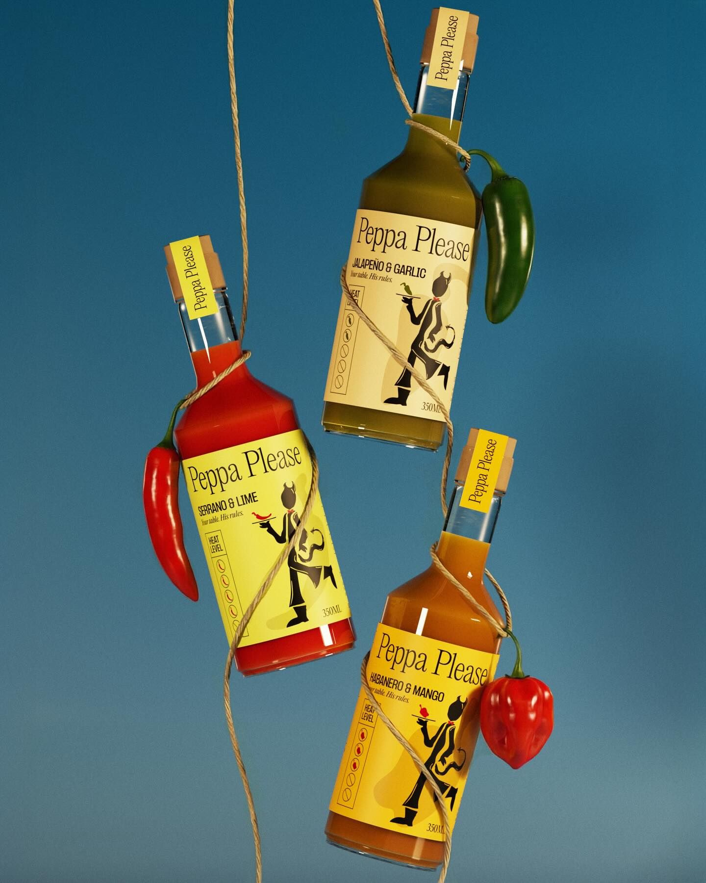 Carousel: Three hot sauce bottles suspended by twine with chillies, slide 1