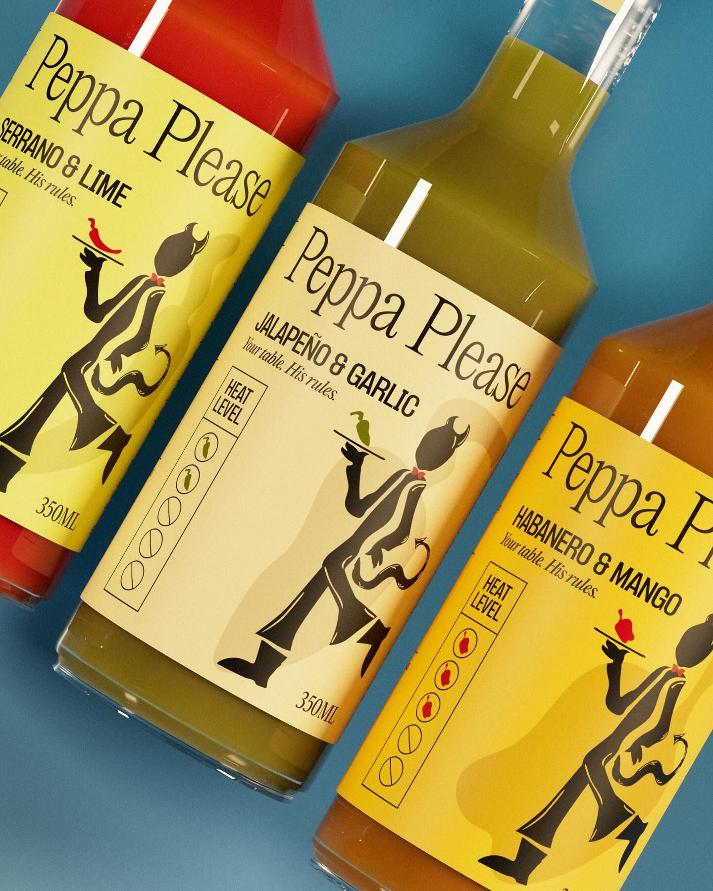 Carousel: Three hot sauce bottles suspended by twine with chillies, slide 4