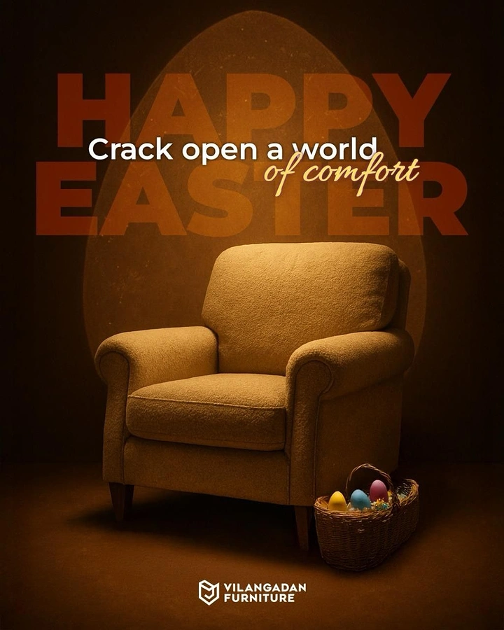 Easter creative ad: Mustard bouclé armchair beside an Easter egg basket