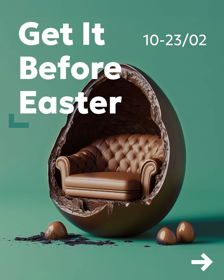 Easter creative ad: Brown leather tufted armchair inside a cracked chocolate Easter egg