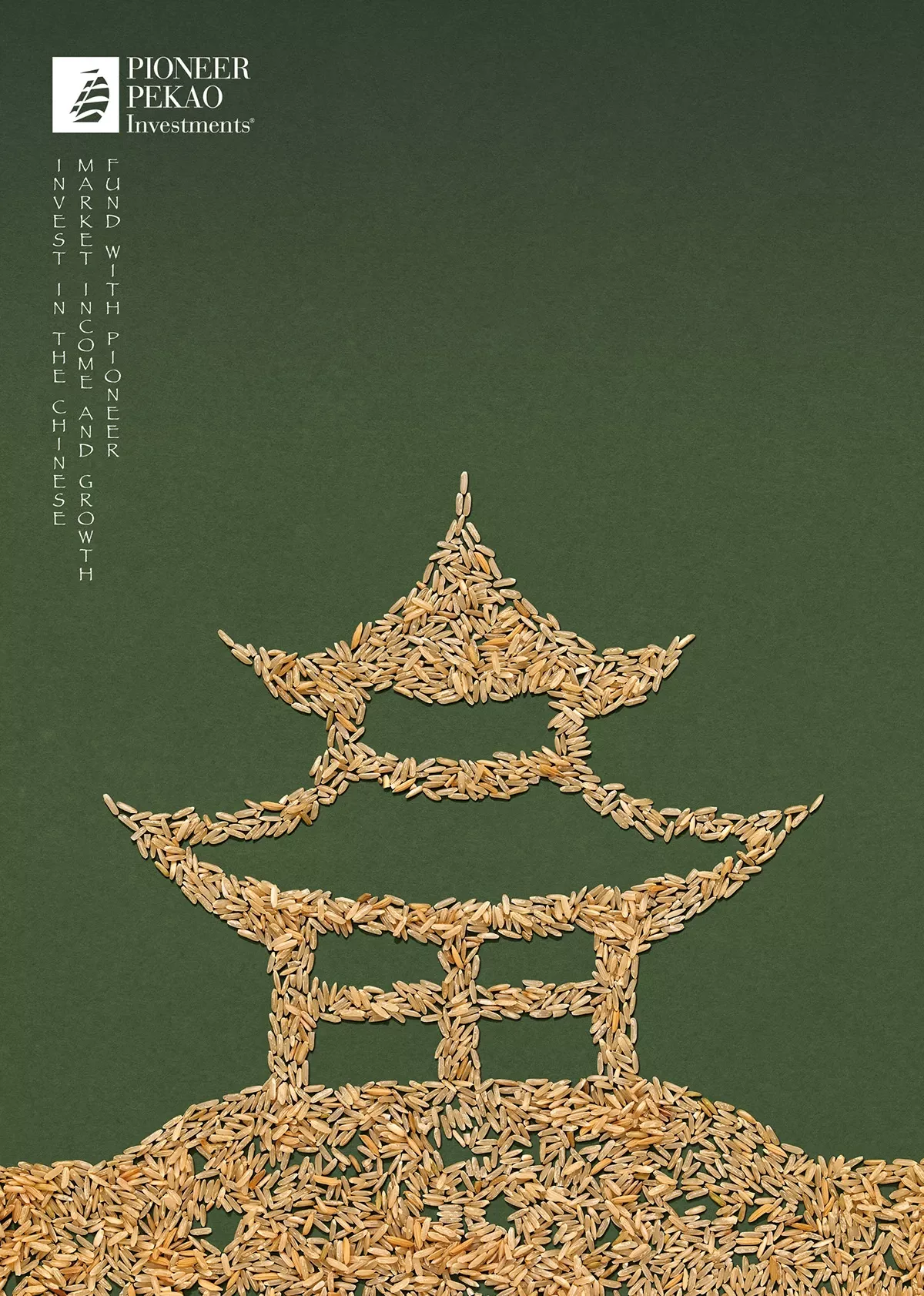 Poster: Chinese pagoda made of rice grains on a hill of rice