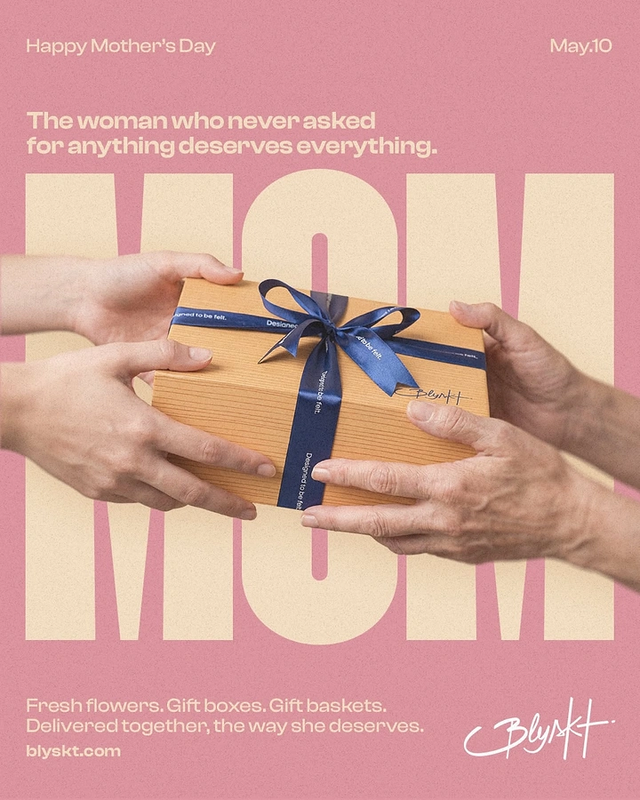 Mother's Day creative ad: Young and older hands passing a ribboned gift box