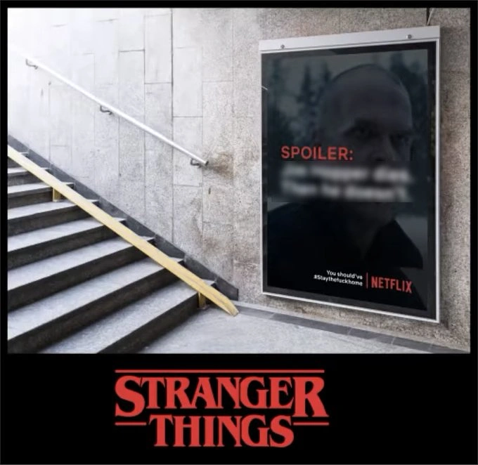 Streaming, OTT & TV Channels creative ad: Spoiler warning becomes Stranger Things barricade