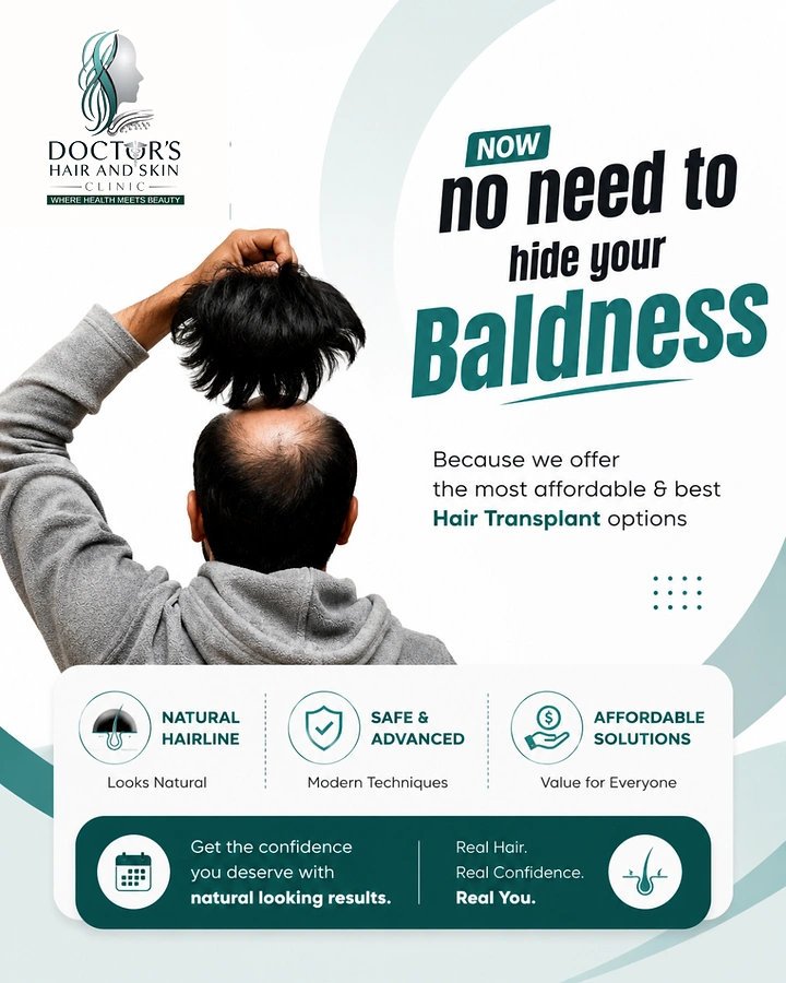 Hair Transplant & Hair Clinics creative ad: Man lifting hair like wig reveal