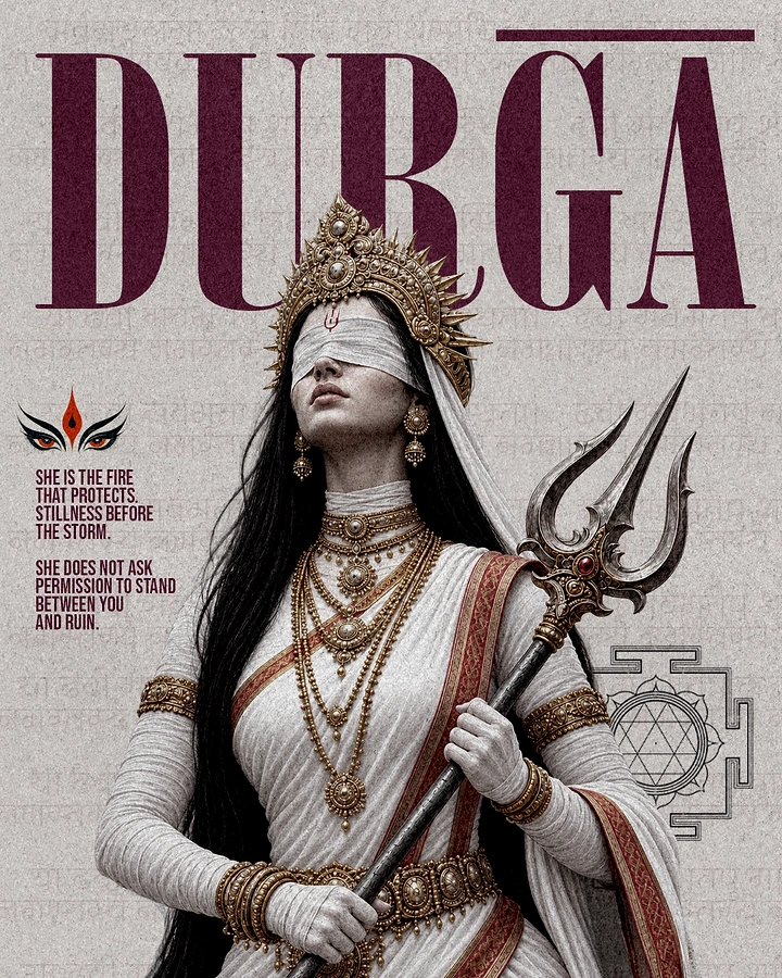 Durga Puja creative ad: Blindfolded goddess in white saree holding a trishul