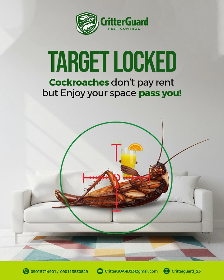 Pest Control creative ad: Lounging roach in crosshair, rent-free pun