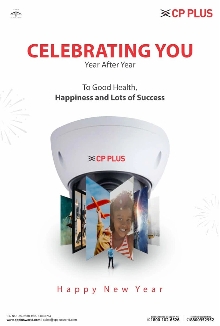 New Year creative ad: Dome CCTV camera projecting a fan of life-moment photo panels