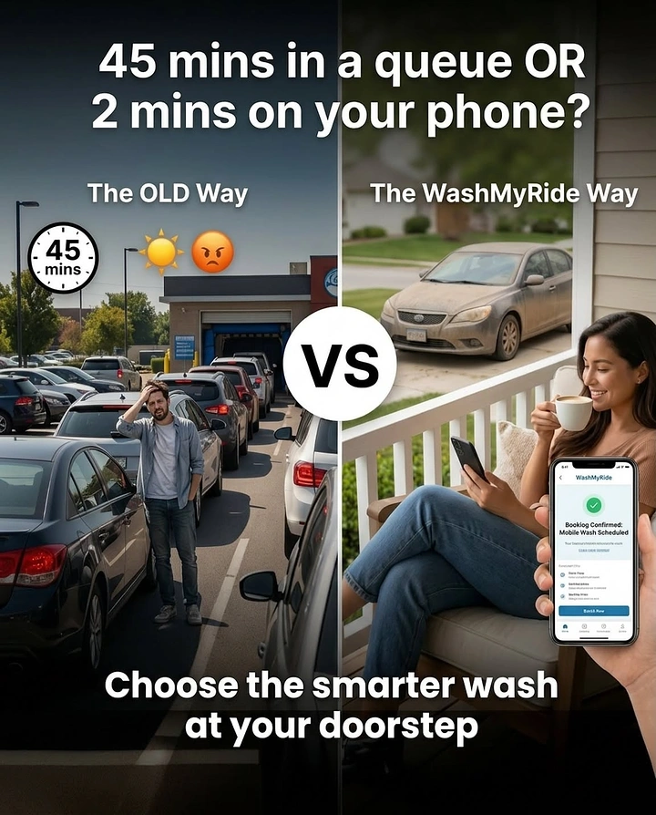 Car Wash & Detailing creative ad: Split-screen queue vs doorstep wash comparison