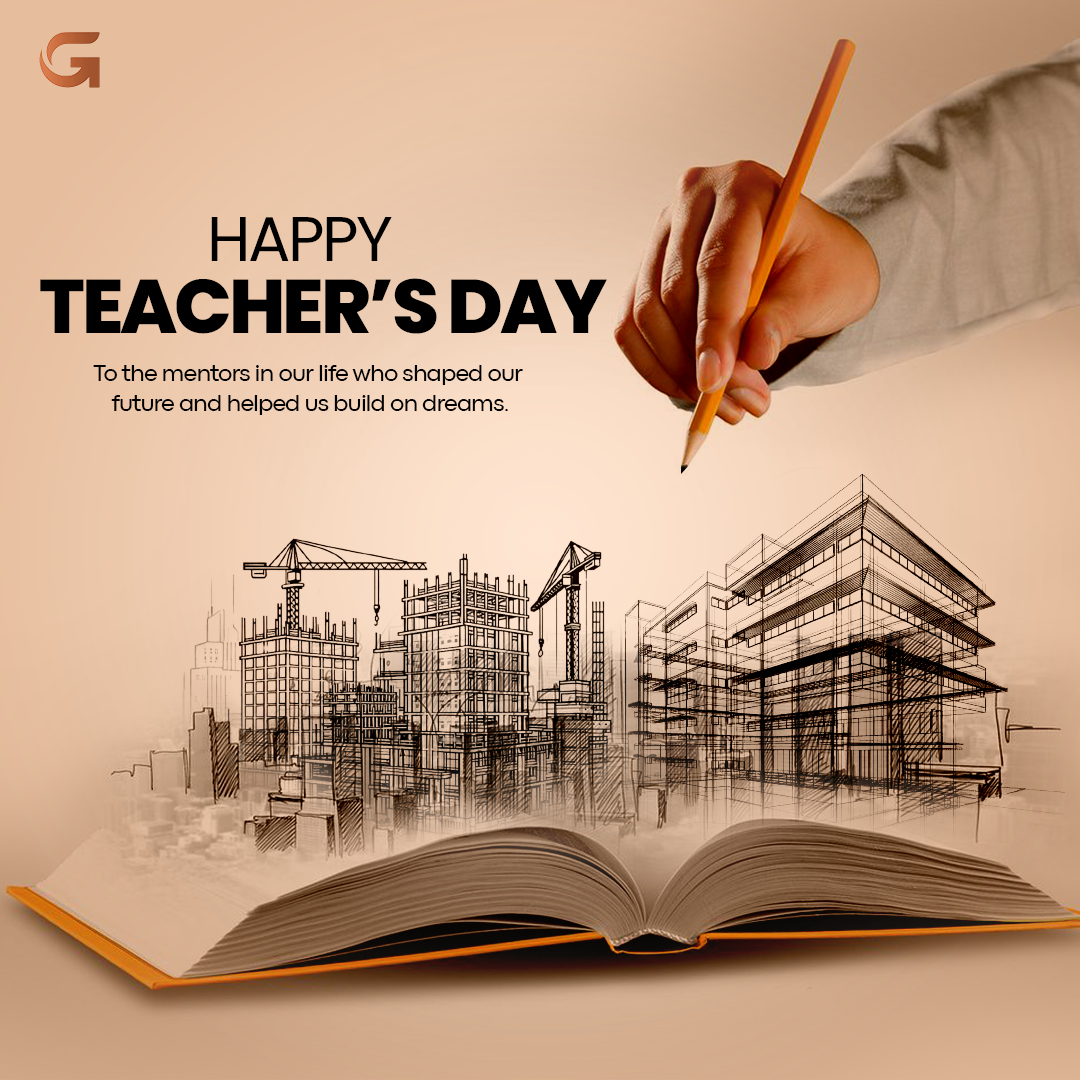 Hand with pencil sketching buildings and cranes rising from an open book