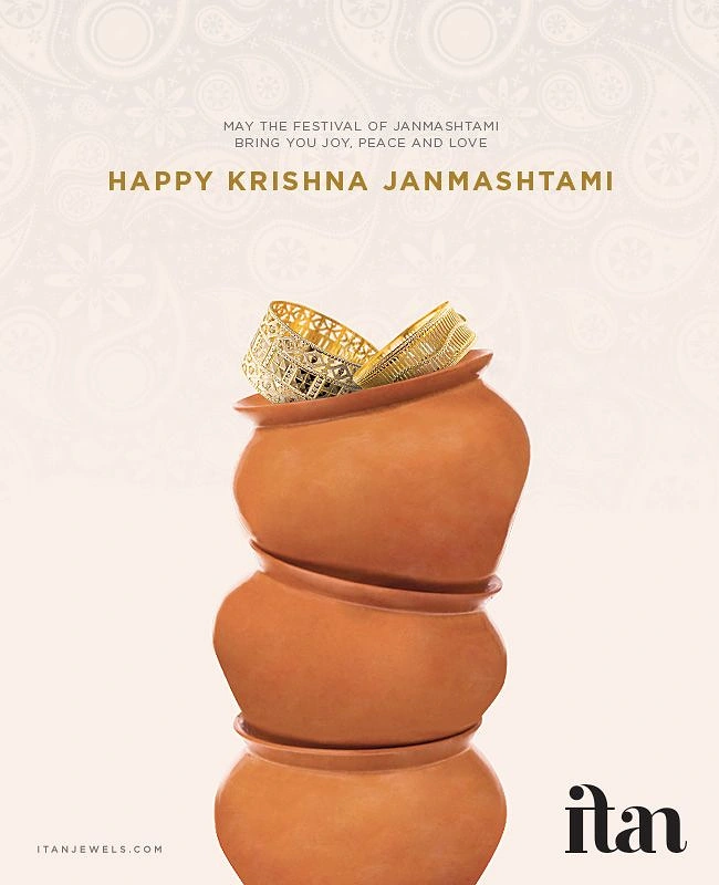 Janmashtami creative ad: Stacked matkas overflowing with gold jewellery