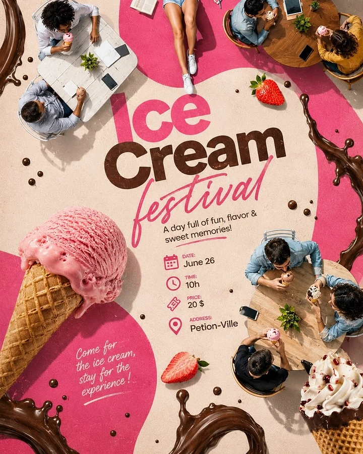 Creative ad: Overhead view of people eating ice cream at cafe tables around a giant strawberry cone