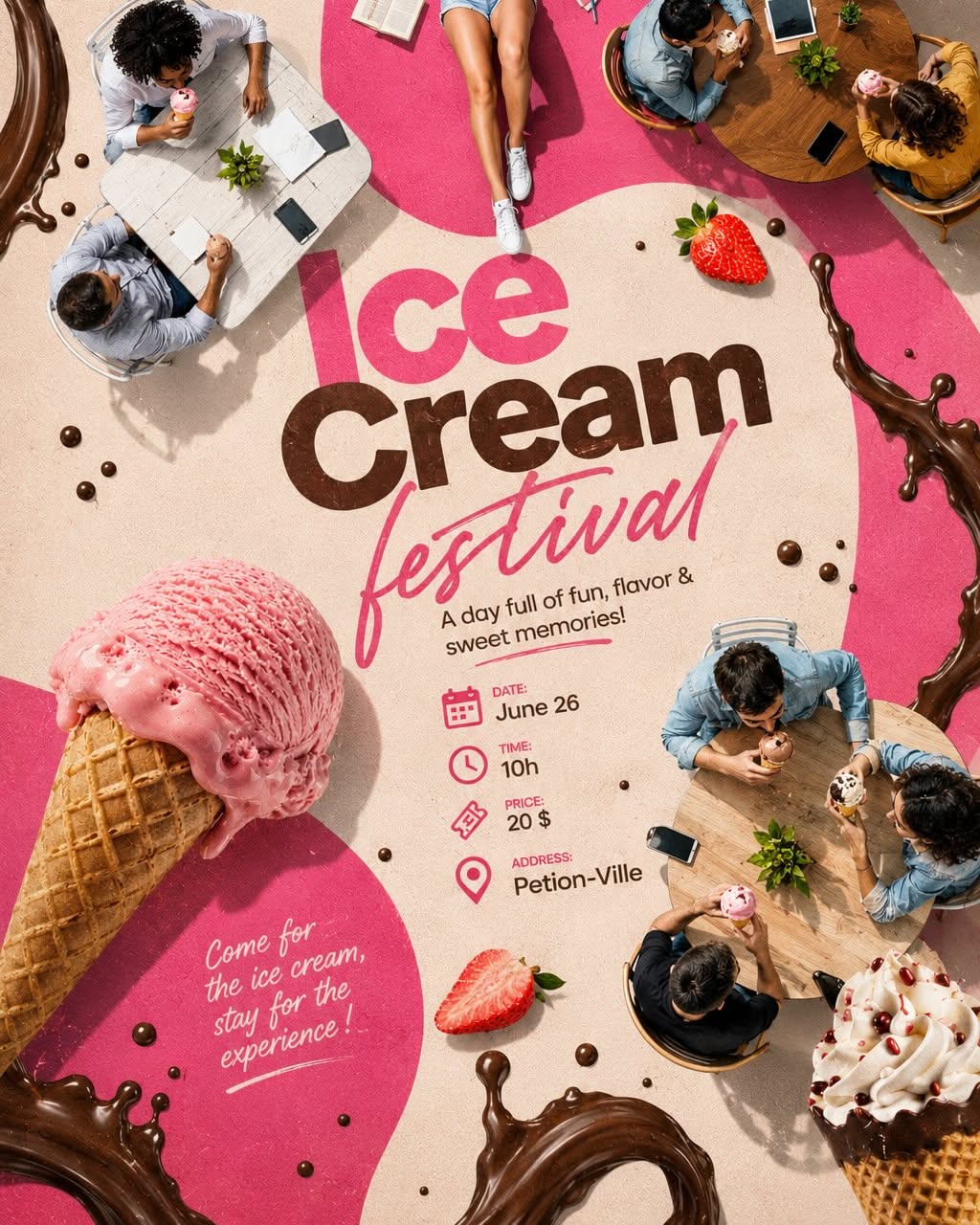 Carousel: Overhead view of people eating ice cream at cafe tables around a giant strawberry cone, slide 1