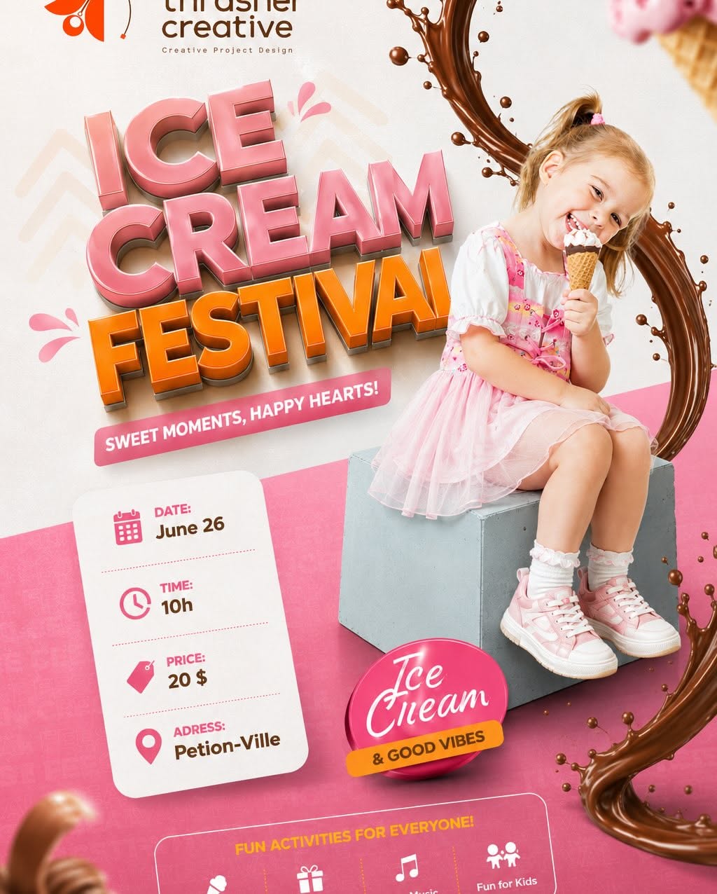 Carousel: Overhead view of people eating ice cream at cafe tables around a giant strawberry cone, slide 2