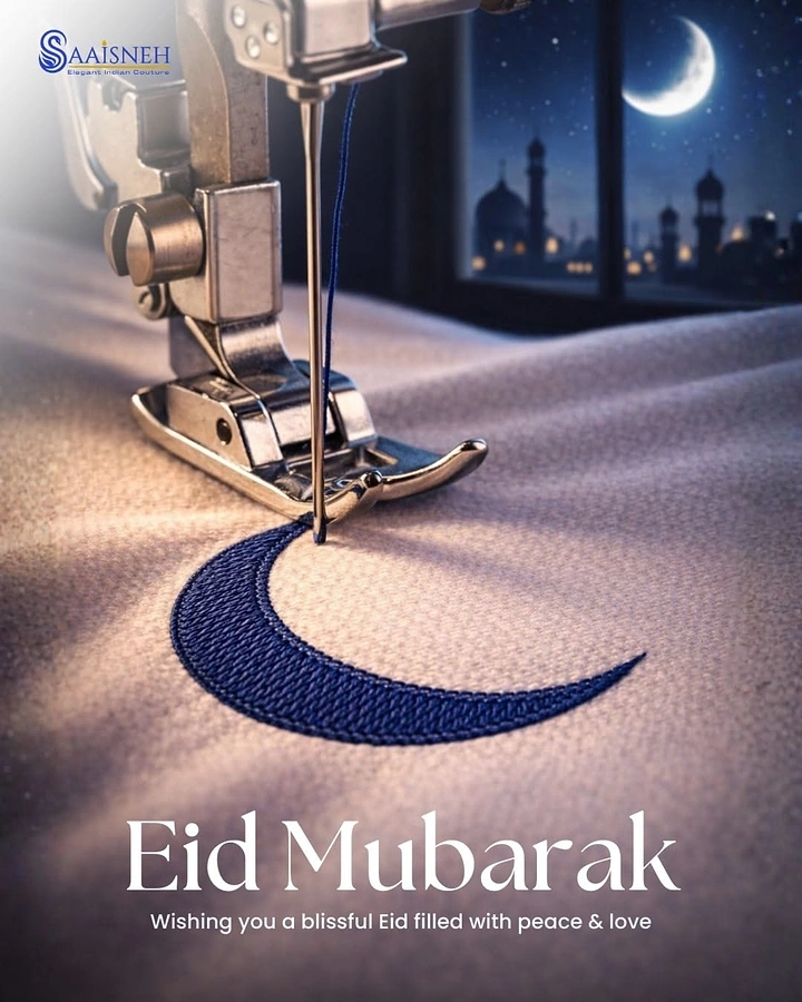 Eid creative ad: Sewing machine embroidering a navy crescent moon on fabric