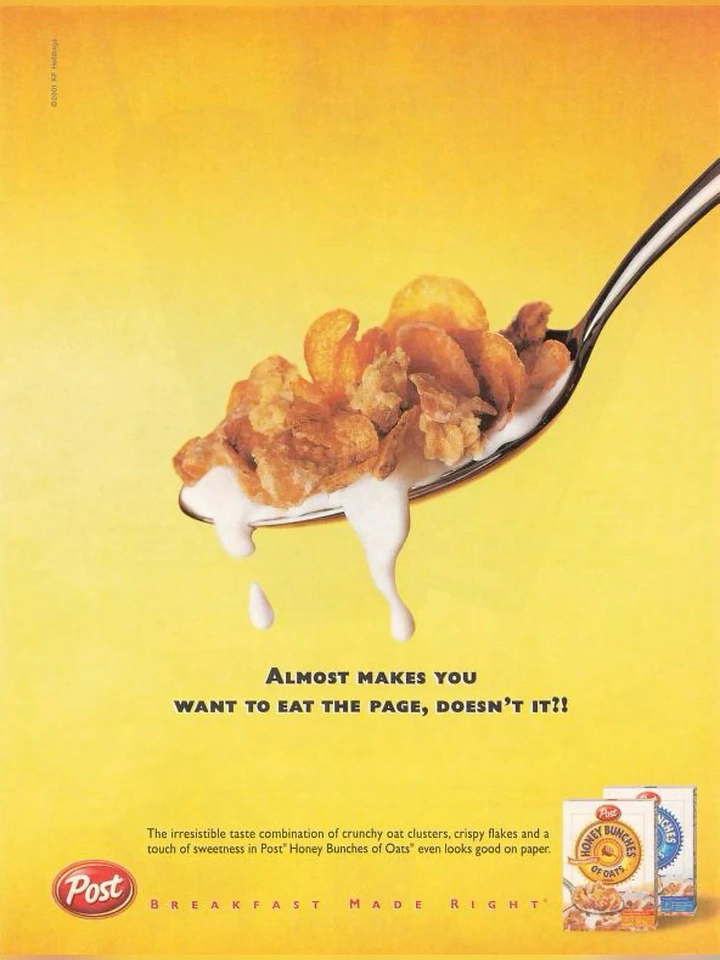 Breakfast Cereals & Oats creative ad: Witty cereal page-eating metaphor