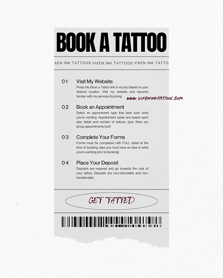 Tattoo Studios creative ad: Booking steps styled as a torn receipt