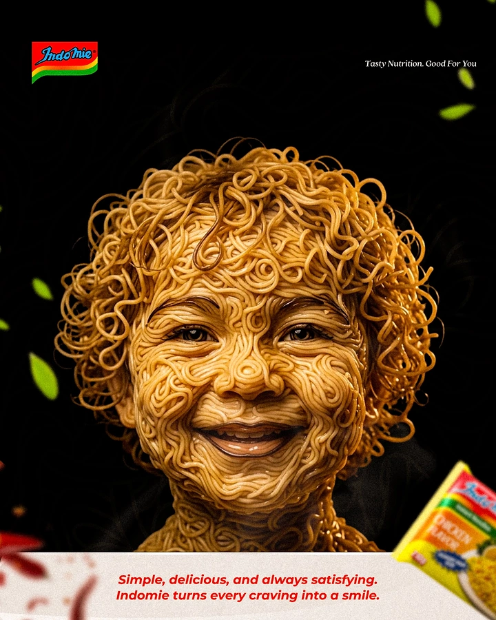 Instant Noodles & Pasta Brands creative ad: Face built entirely from noodles