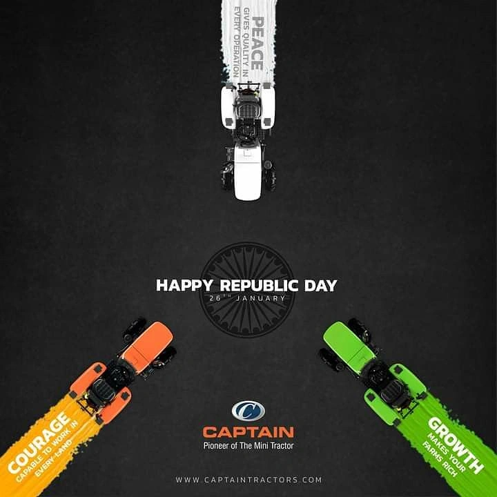 Republic Day creative ad: Three top-down tractors in saffron, white and green leaving paint trails