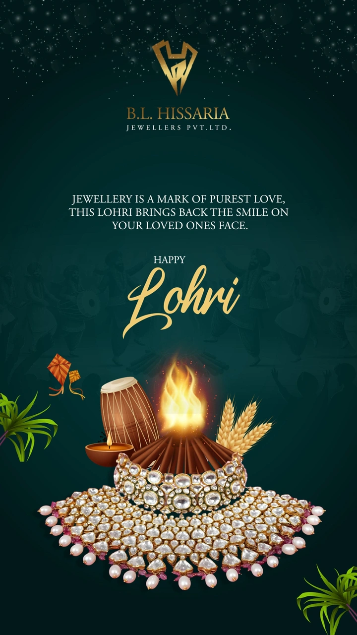 Lohri creative ad: Kundan pearl necklace wrapped around a Lohri bonfire