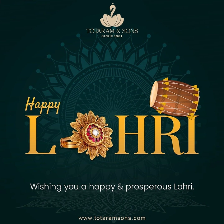 Lohri creative ad: Gold floral kundan ring replacing the O in the festival wordmark, with a dhol