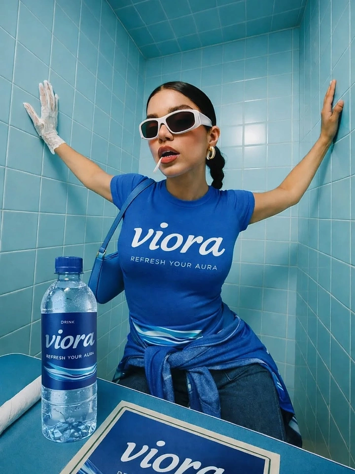 Packaged Drinking Water creative ad: Surreal color-coordinated branded bathroom scene