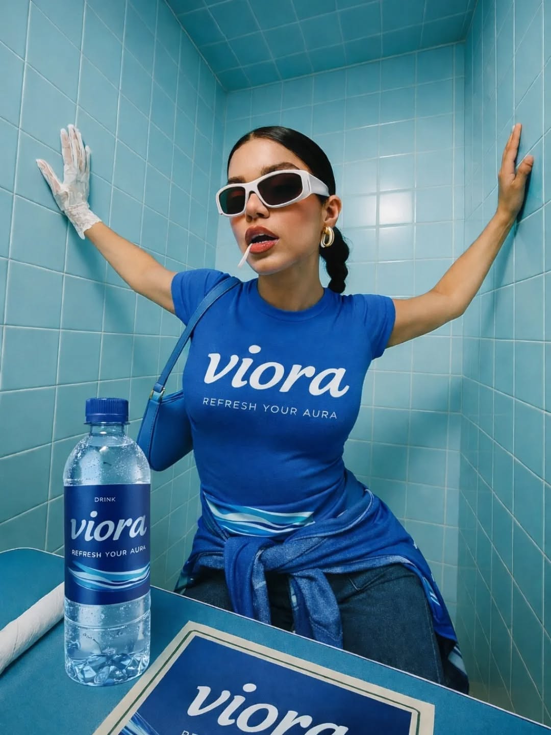 Instagram post: Surreal color-coordinated branded bathroom scene