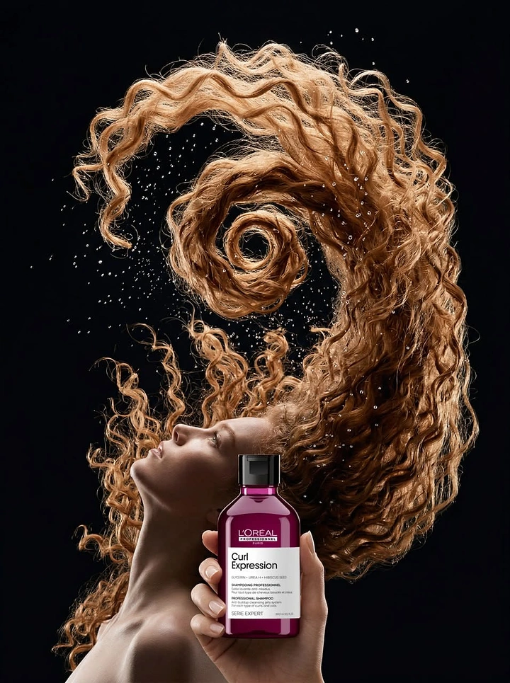 Hair Care Brands creative ad: Woman with enormous sculptural wet curls holding a shampoo bottle