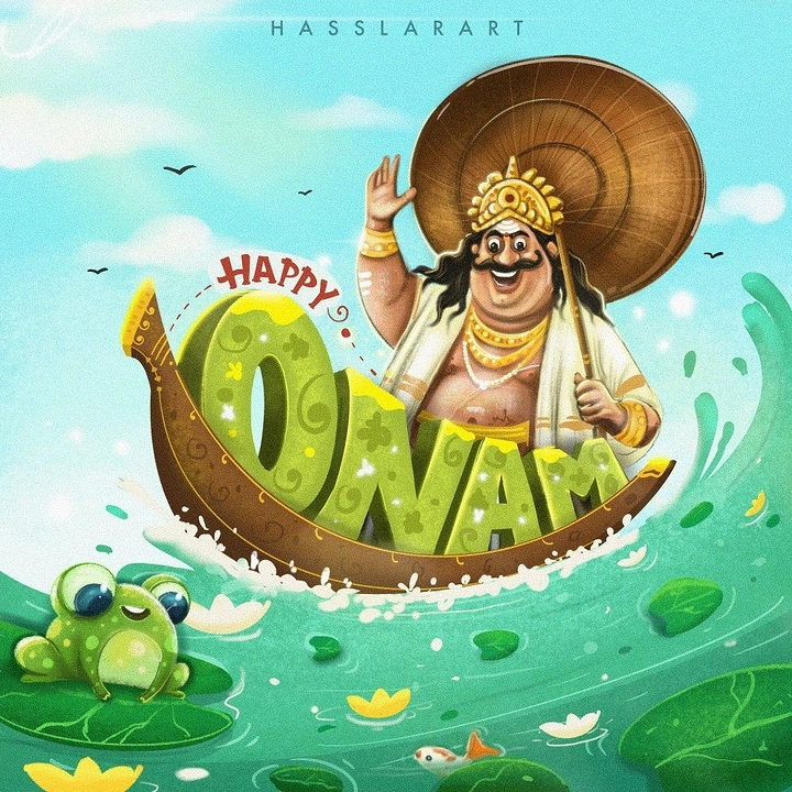 Onam creative ad: Cartoon King Mahabali waving from a snake boat carrying giant 3D green 'ONAM' letters