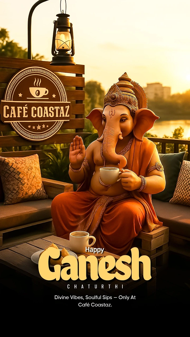 Ganesh Chaturthi creative ad: Ganesha seated on a café terrace sofa, holding a coffee cup