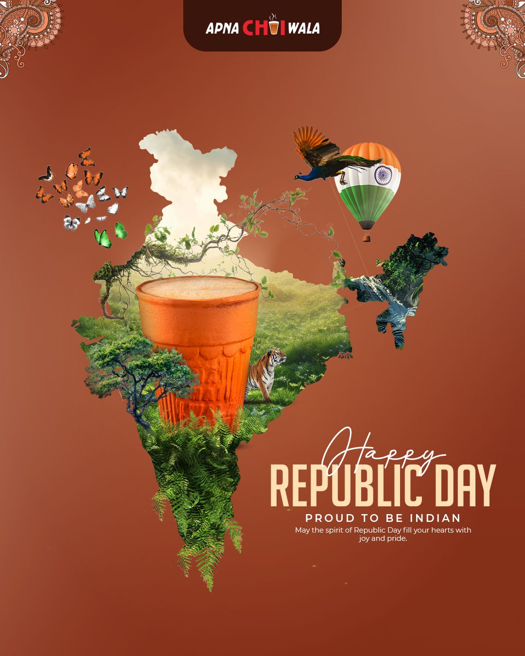 Republic Day Instagram post: Kulhad chai inside an India map filled with forest scenery