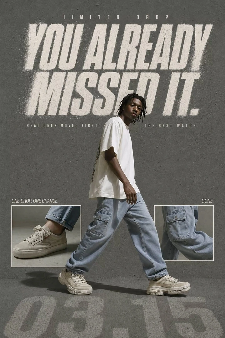 Creative ad: Young man with locs walking in chunky cream sneakers and cargo jeans