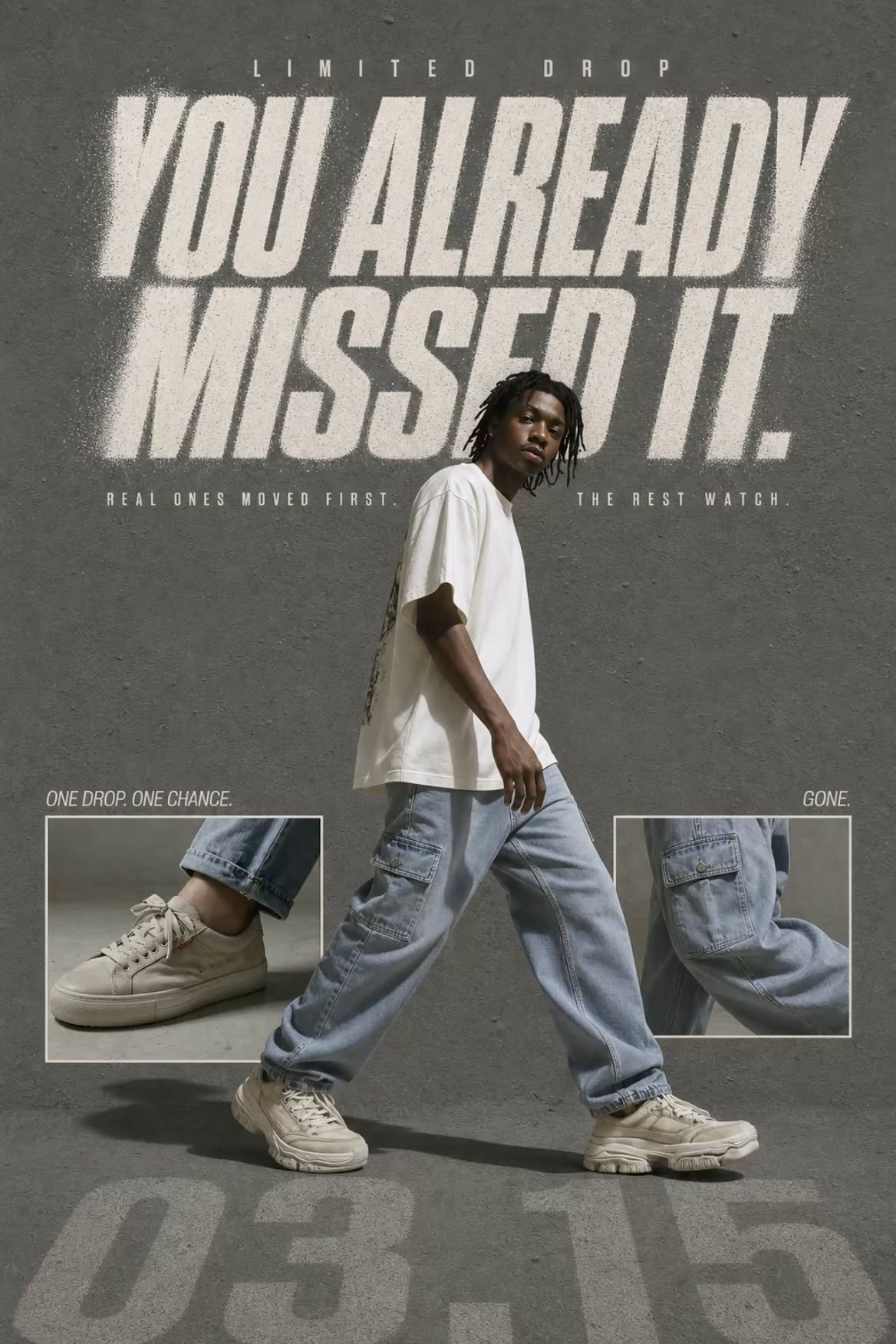 Poster: Young man with locs walking in chunky cream sneakers and cargo jeans