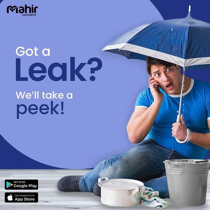 Plumbers creative ad: Leak/peek pun with umbrella under drip