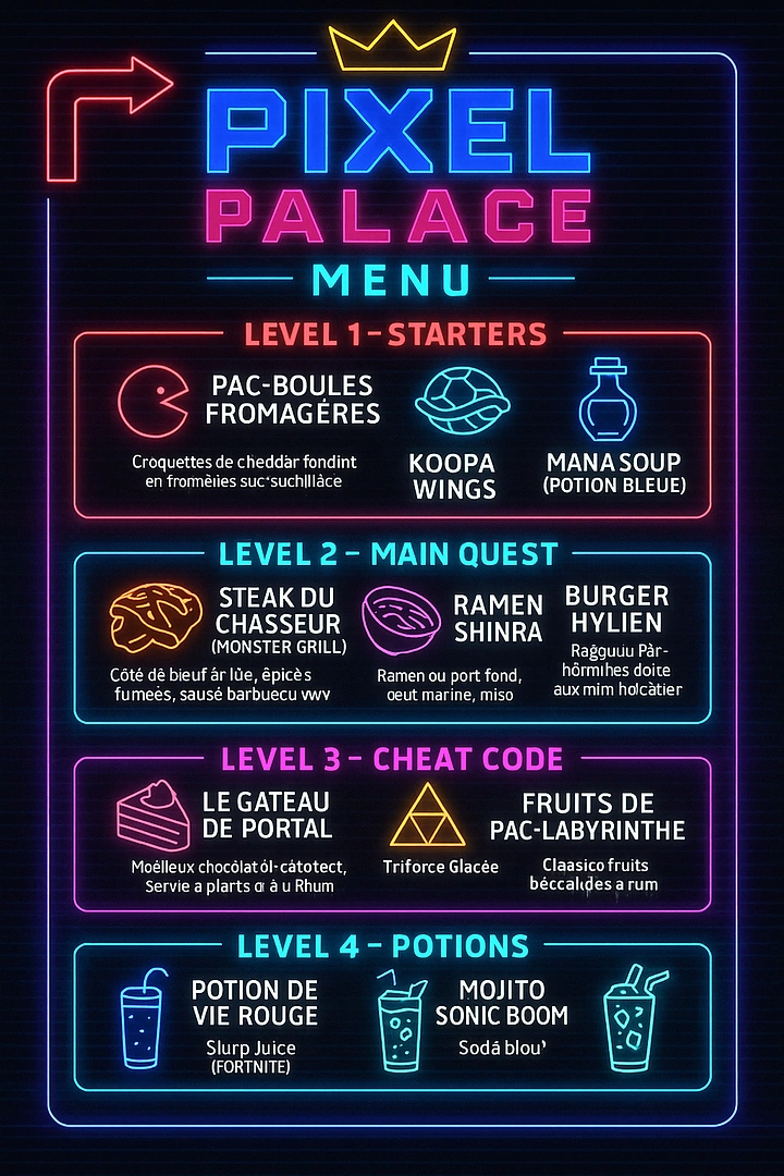 Gaming & Esports creative ad: Neon arcade menu with game-level sections