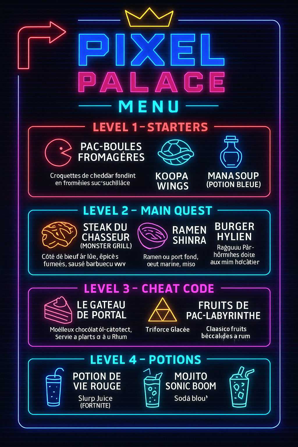 Story: Neon arcade menu with game-level sections