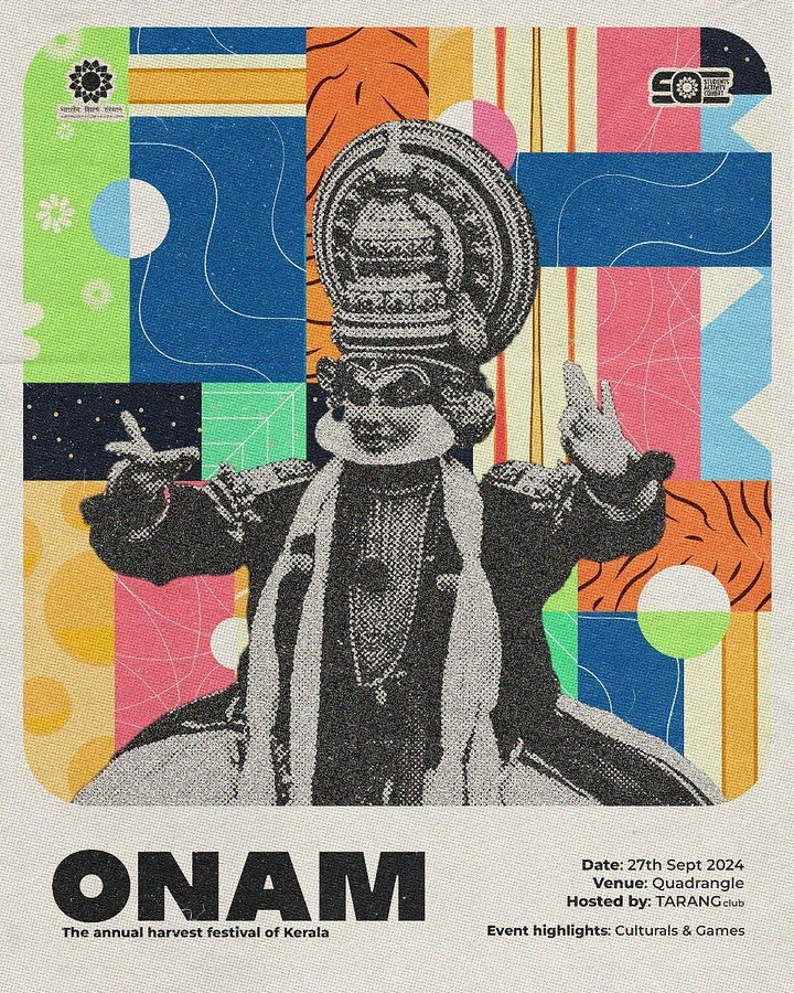 Onam creative ad: Halftone Kathakali dancer over colorful geometric patchwork