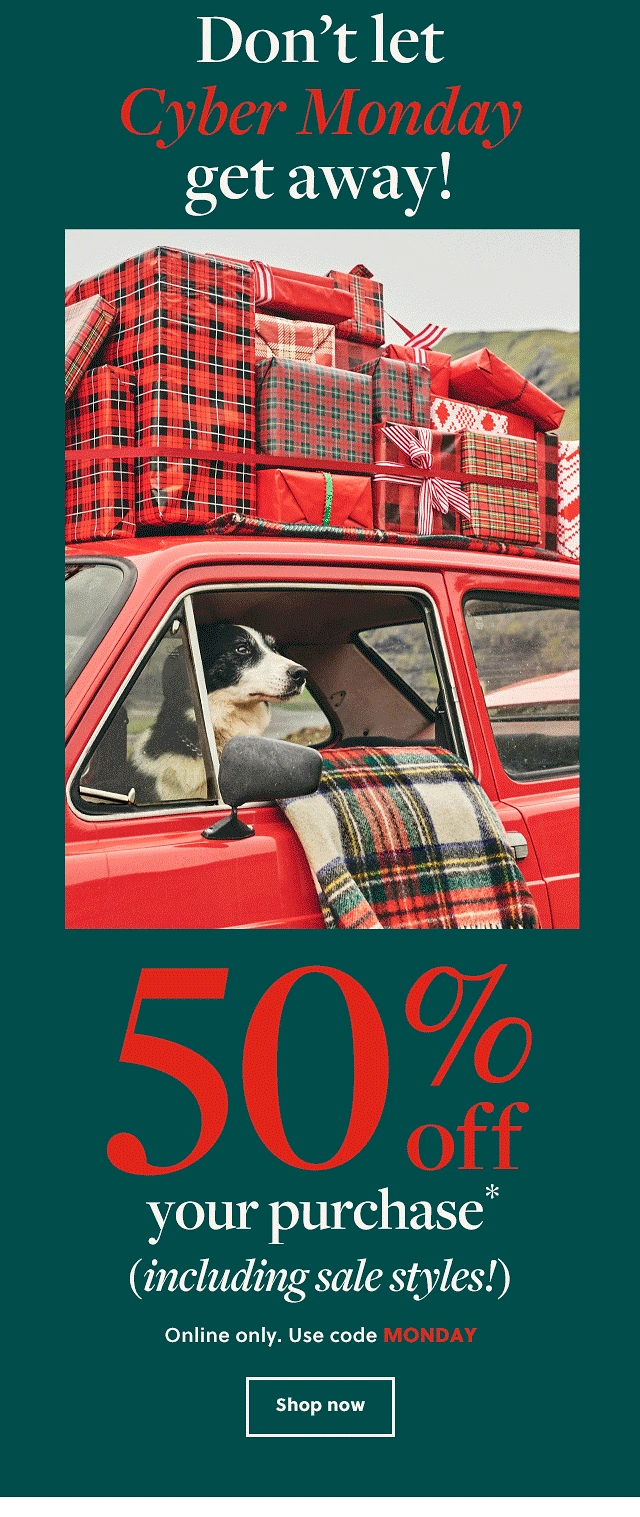 Cyber Monday creative ad: Dog in a red car with plaid-wrapped gifts piled on the roof