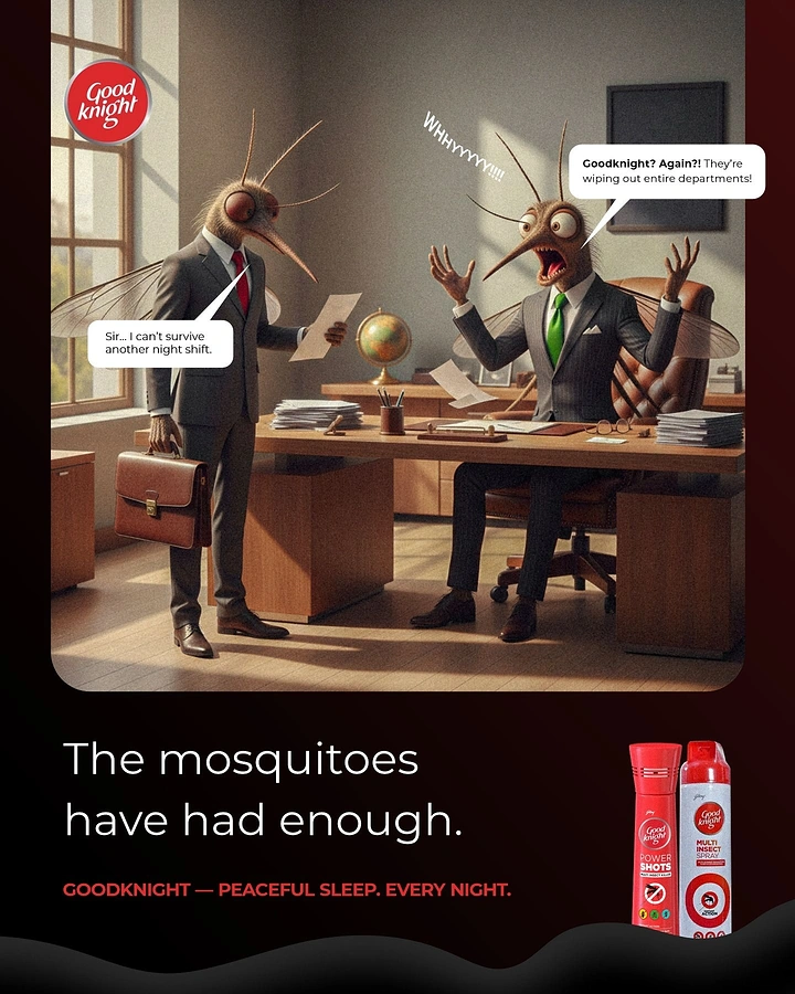 Pest Control creative ad: Two mosquitoes in business suits panicking in a corporate office