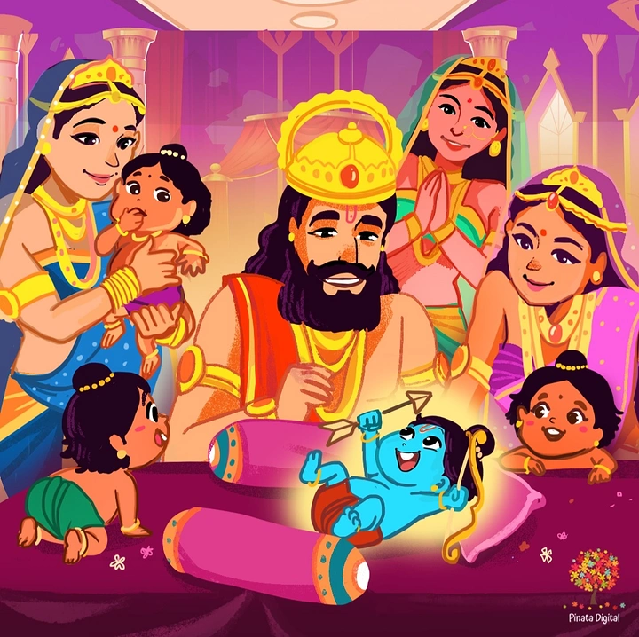 other-festival creative ad: Infant Ram with a bow and arrow surrounded by King Dasharatha, the queens and baby brothers