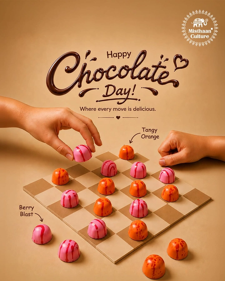 Valentine's Day creative ad: Two hands playing checkers with pink and orange chocolate bonbons