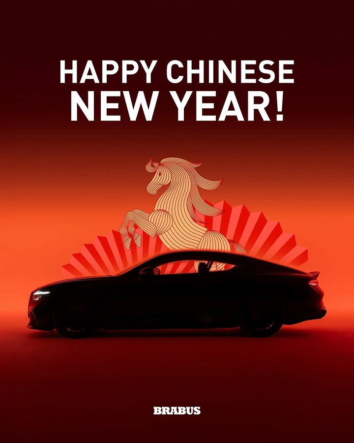 Lunar New Year creative ad: Dark silhouette of a sports coupe in front of a gold line-art rearing horse and a red fan