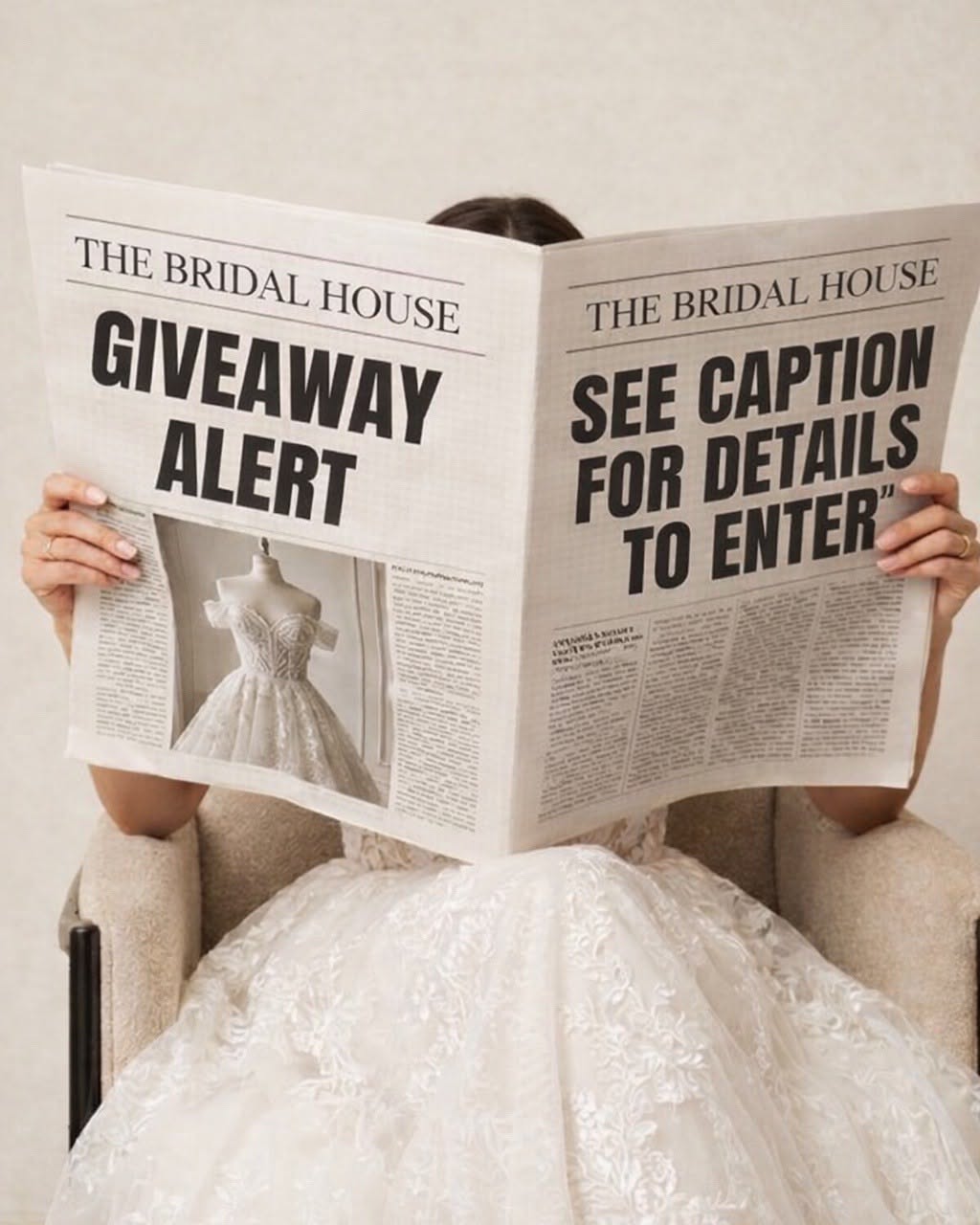Instagram post: Bride reading newspaper giveaway headline