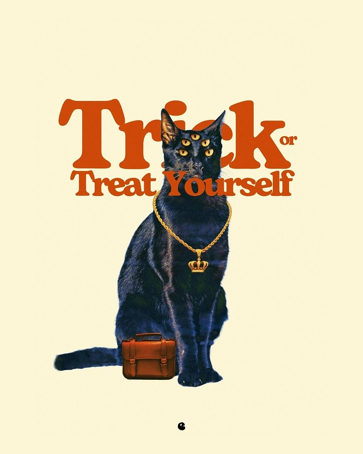 Halloween creative ad: Six-eyed black cat wearing a gold crown chain beside a leather bag