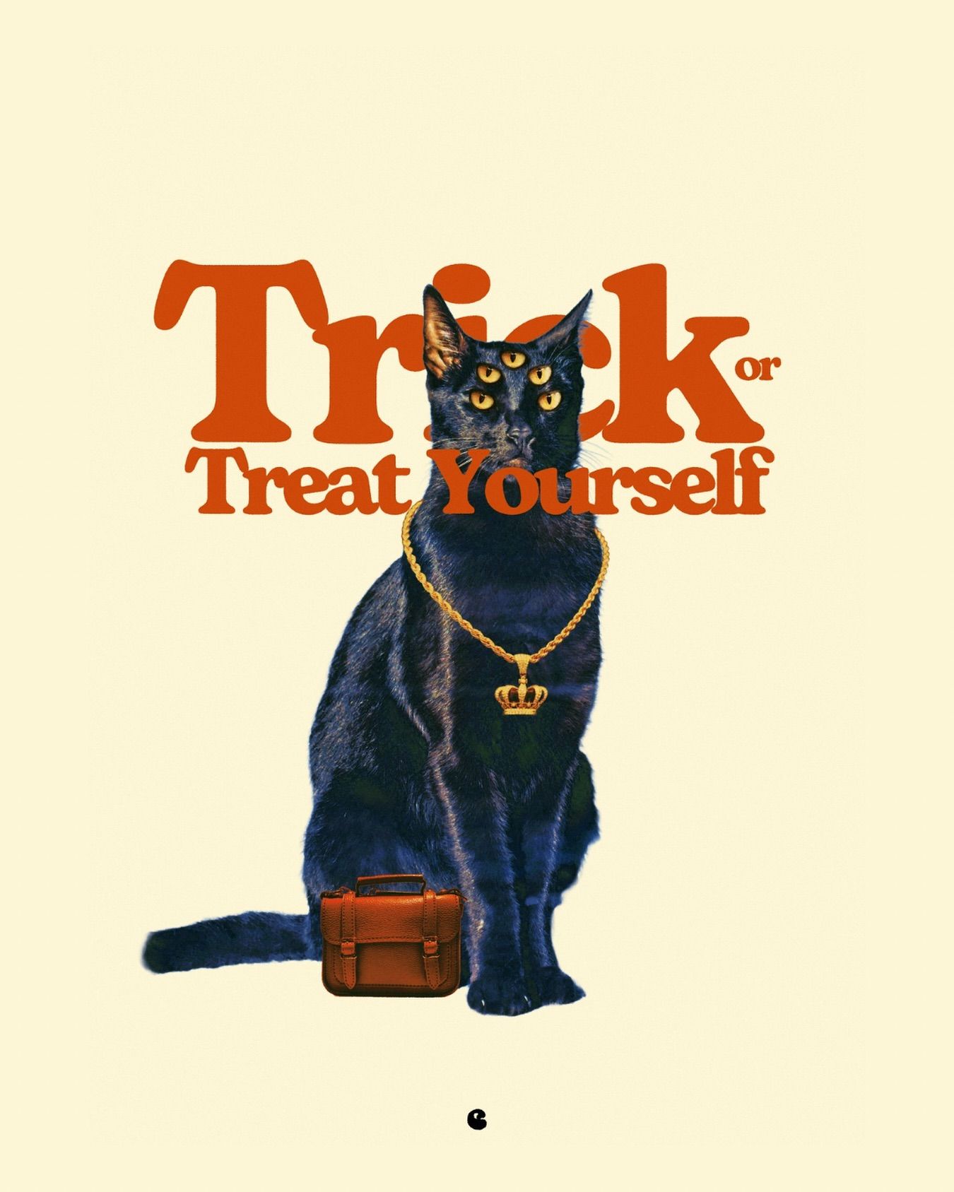 Six-eyed black cat wearing a gold crown chain beside a leather bag