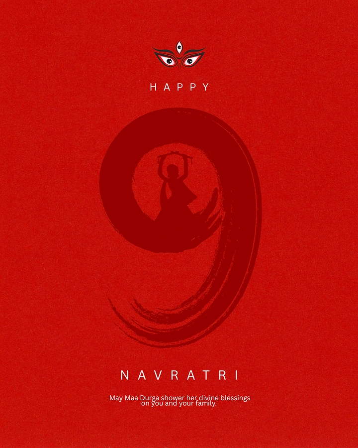 Navratri creative ad: Brush-stroke numeral nine framing a dancer silhouette