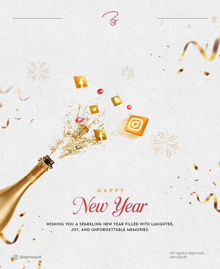 New Year creative ad: Gold champagne bottle spraying 3D social media icons