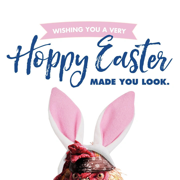 Easter creative ad: Rooster peeking up wearing bunny ears